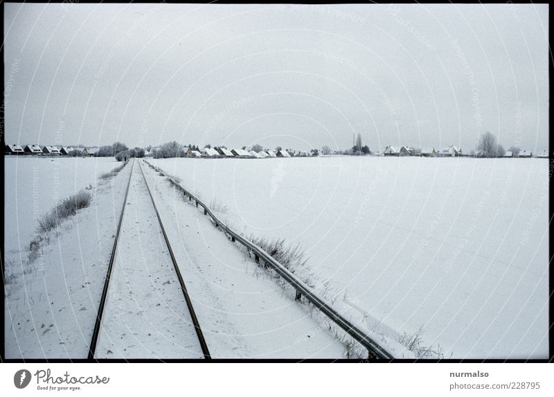 cold target Far-off places Environment Nature Landscape Winter Beautiful weather Ice Frost Field Village Rail transport Railroad tracks Railroad system Original