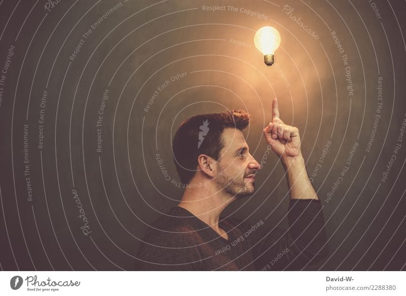 a man with a light bulb over his head Idea Man Head incursion ponder Think Incidental Human being Face portrait Concentrate Looking Thought Happiness Optimism