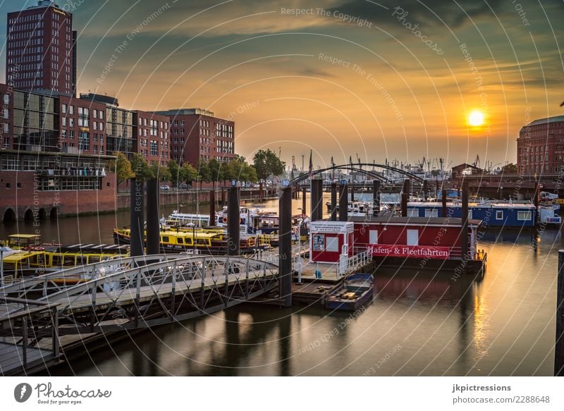 Hamburg harbour Speicherstadt sunset Europe Germany Elbe Town Harbour Water Channel Sun Sunset Industry Sky Gorgeous Beautiful Old warehouse district Watercraft