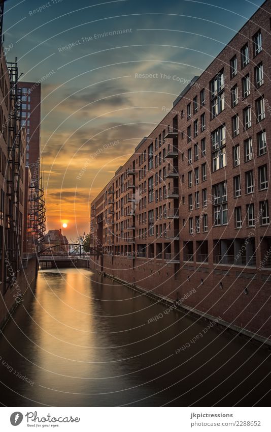 Hamburg harbour Speicherstadt sunset Europe Germany Elbe Town Harbour Water Channel Sun Sunset Industry Sky Gorgeous Beautiful Old warehouse district Watercraft