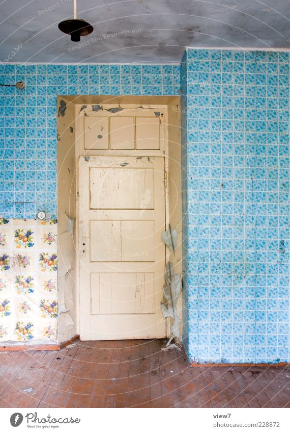 look out in :: Decoration Wallpaper Room Wall (barrier) Wall (building) Door Concrete Wood Ornament Old Authentic Simple Broken Retro Trashy Gloomy Blue