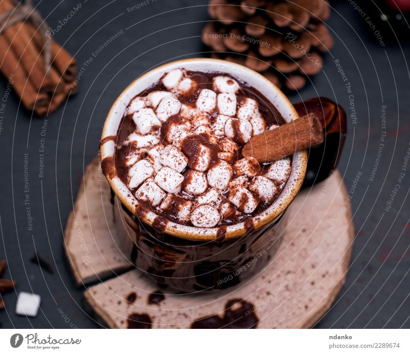 ceramic brown mug with hot chocolate Dessert Beverage Hot drink Hot Chocolate Cup Winter Decoration Table Eating Brown White Safety (feeling of) marshmallow