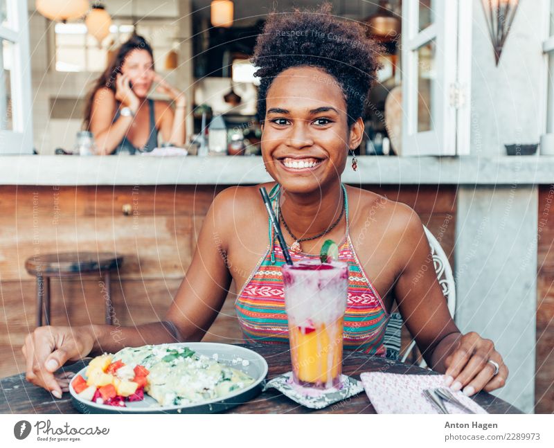 girl in vegetarian cafe with wrap and smoothie Nutrition Breakfast Organic produce Vegetarian diet Cold drink Juice Feminine Young woman Youth (Young adults)