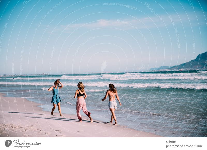 Group of younf adult friends walking on the beach Joy Happy Vacation & Travel Summer Beach Ocean Woman Adults Friendship Smiling Together Surfing holiday