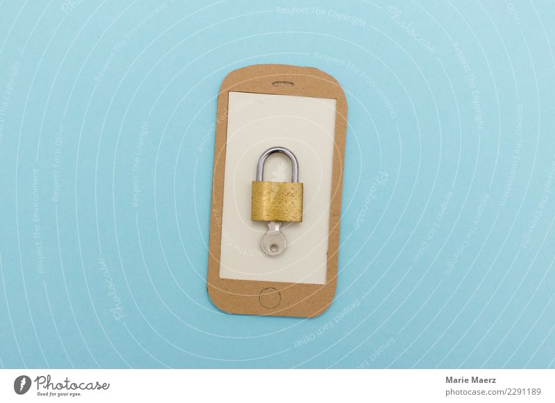 Unlock cell phone. Padlock with key on display. Cellphone PDA Telecommunications Information Technology Utilize Communicate Nerdy Blue Safety Protection