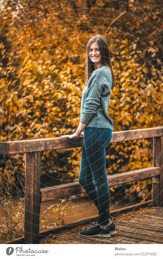 autumn rhapsody Autumn Portrait photograph Young woman Photo shoot Bridge Yellow Red Attractive Beautiful Happy Hair and hairstyles Model Human being Girl