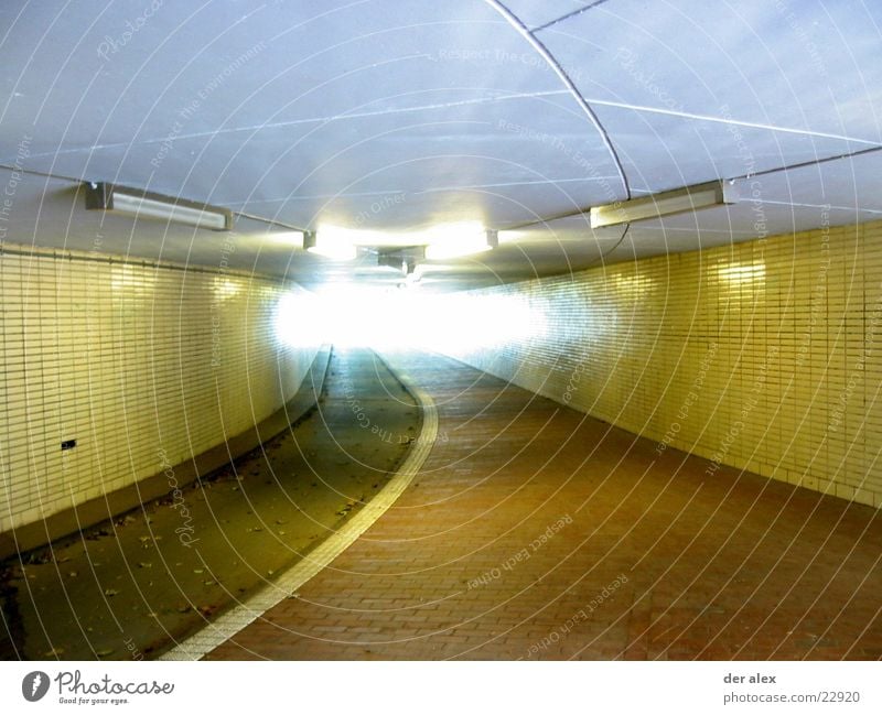 tunnels Back-light Tunnel Cycle path Neon light Yellow Deep Exit route Way out Underground Leaf Bridge Tile Sidewalk End Dirty