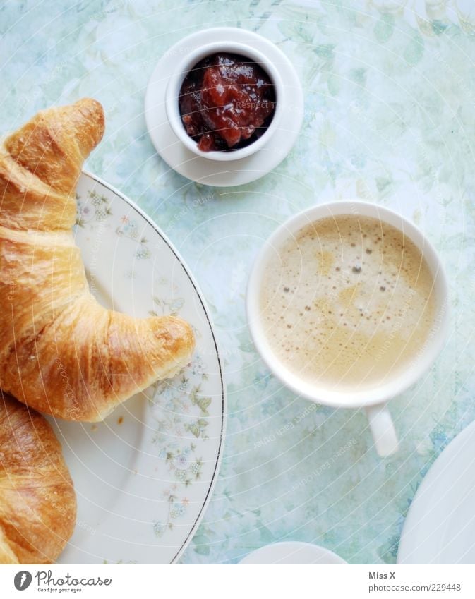 Breakfast for everyone Food Dough Baked goods Croissant Jam Nutrition To have a coffee Slow food Beverage Hot drink Coffee Delicious Sweet Breakfast table
