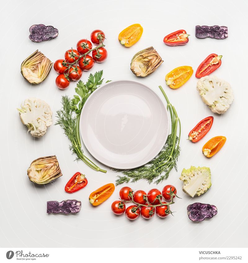 Colored salad vegetables around empty plate Food Vegetable Lettuce Salad Nutrition Lunch Organic produce Vegetarian diet Diet Plate Style Design Healthy Eating