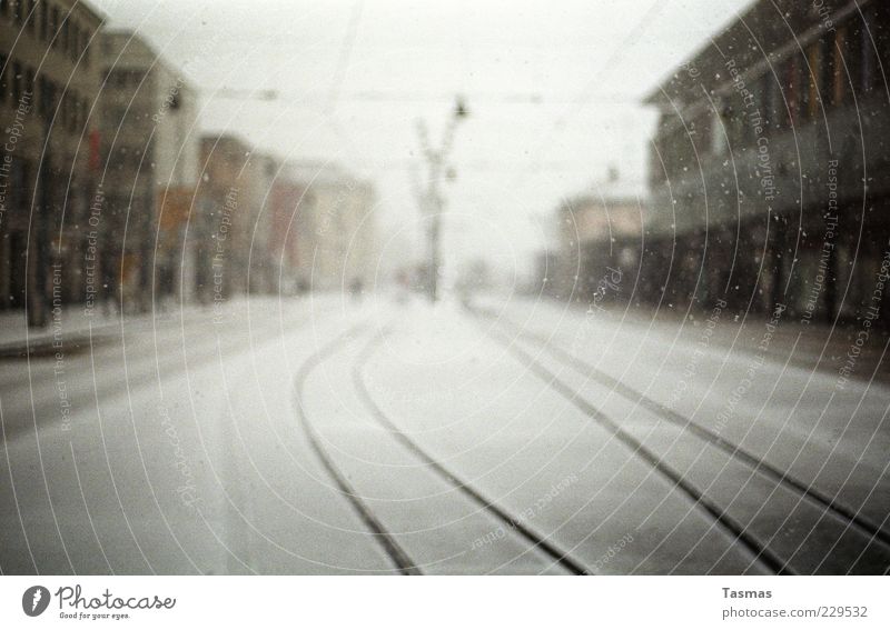 Silent Snow Winter Weather Bad weather Storm Snowfall women's field Small Town Train station To enjoy Enthusiasm Loneliness Railroad tracks Colour photo