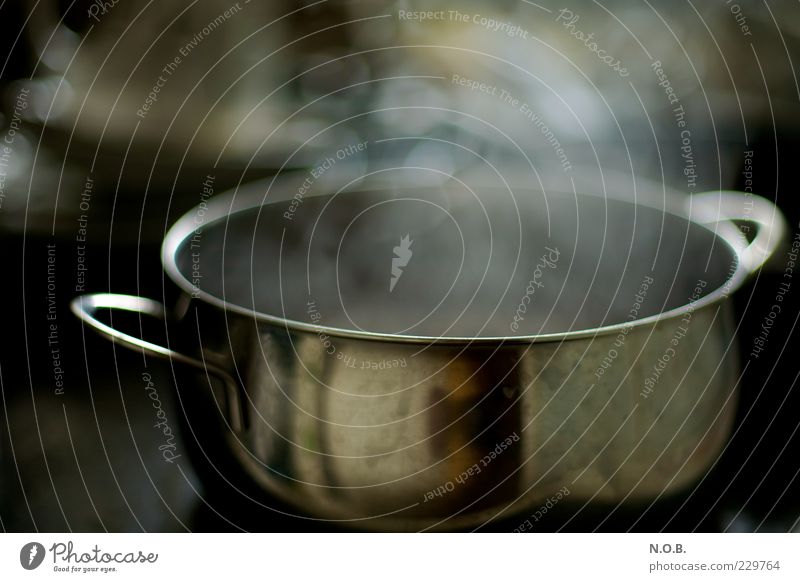 Pot blurred steaming Kitchen Cooking Dirty Comfortable Colour photo Interior shot blurriness Shallow depth of field Steam Metalware Reflection Copy Space top