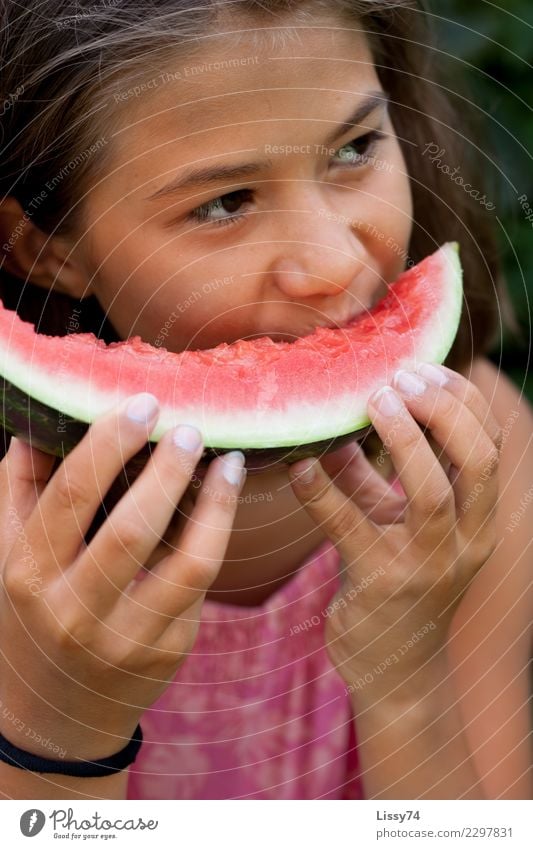 summer tastes like this Summer Garden Child Girl Infancy 1 Human being 8 - 13 years Eating To enjoy Smiling Dream Friendliness Happiness Happy Pink Red Joy