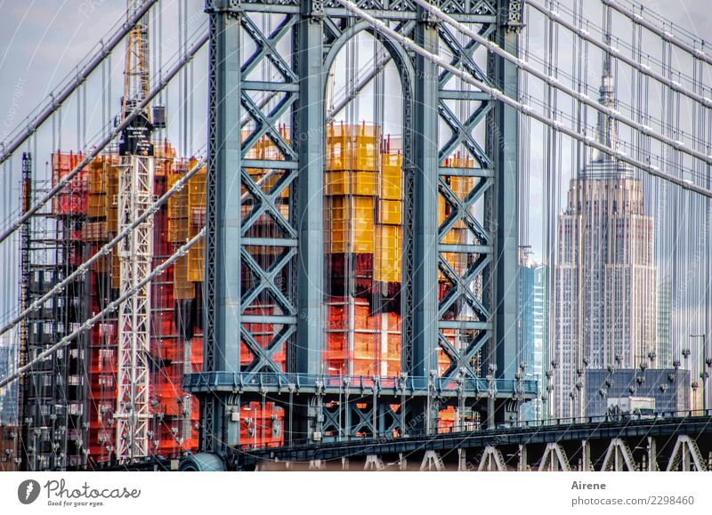 pursuit Vacation & Travel Sightseeing City trip Manhattan Bridge Town Skyline High-rise Construction site Tourist Attraction Wire cable Suspension bridge Crane