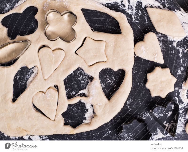 dough shape for baking cookies Dough Baked goods Cake Table Kitchen Heart Fresh Above Black White star Top Home-made background food Flour board Raw Cooking
