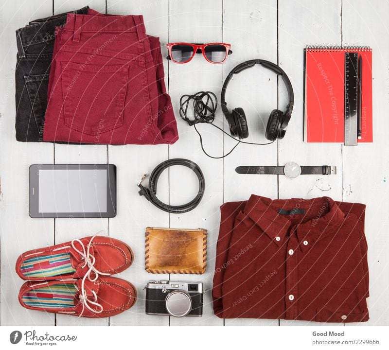 Travel concept - tablet pc, clothes, headphones, camera, shoes Vacation & Travel Trip Table Computer Camera Clothing Pants Jeans Leather Accessory Sunglasses