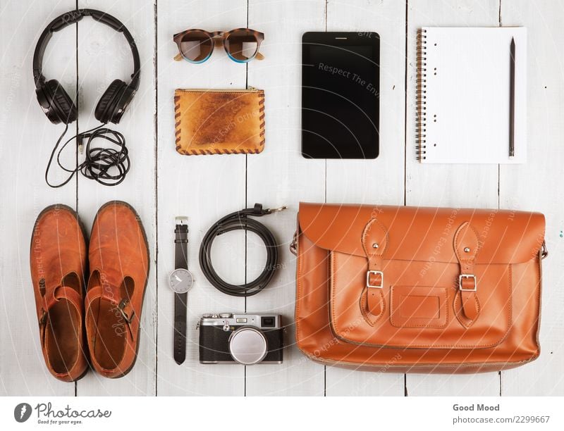 Travel concept - tablet pc, headphones, camera, shoes Vacation & Travel Trip Table Computer Camera Clothing Leather Accessory Footwear Pack Wood Old Observe