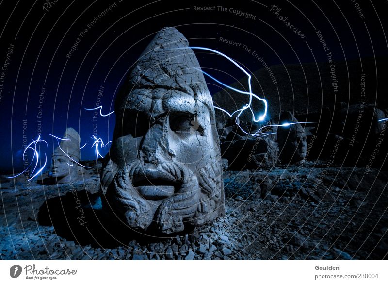 Antiochos awake Adventure Mountain Masculine Art Sculpture Night sky Lightning Peak Helmet Illuminate Old Exceptional Dark Might Dream Wanderlust Movement