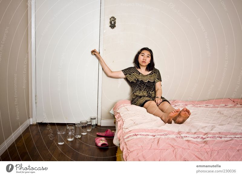 Casey - waiting Glass Human being Feminine 1 Dress Slippers Black-haired Door Bed Sit Dream Wait Natural Pink Emotions Curiosity Hope Lovesickness Pain