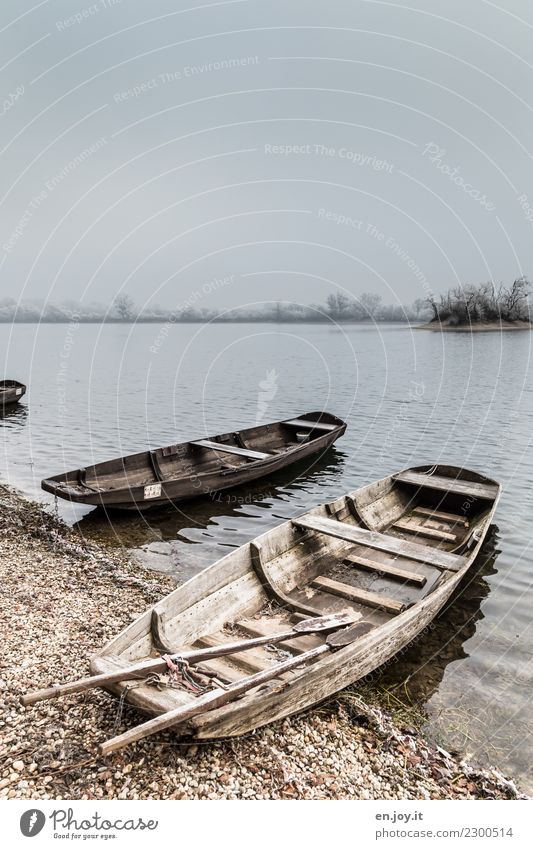 Waiting time Nature Landscape Sky Horizon Winter Fog Lakeside Rowboat Old Cold Gray Sadness Grief Death Lovesickness Loneliness Stagnating Decline Watercraft