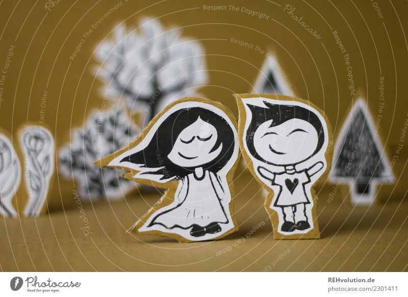 Pappland - boy and girl Comic strip character Paper Cardboard To enjoy Landscape Interior shot Colour photo Home-made Creativity Infancy Girl Long-haired Dress