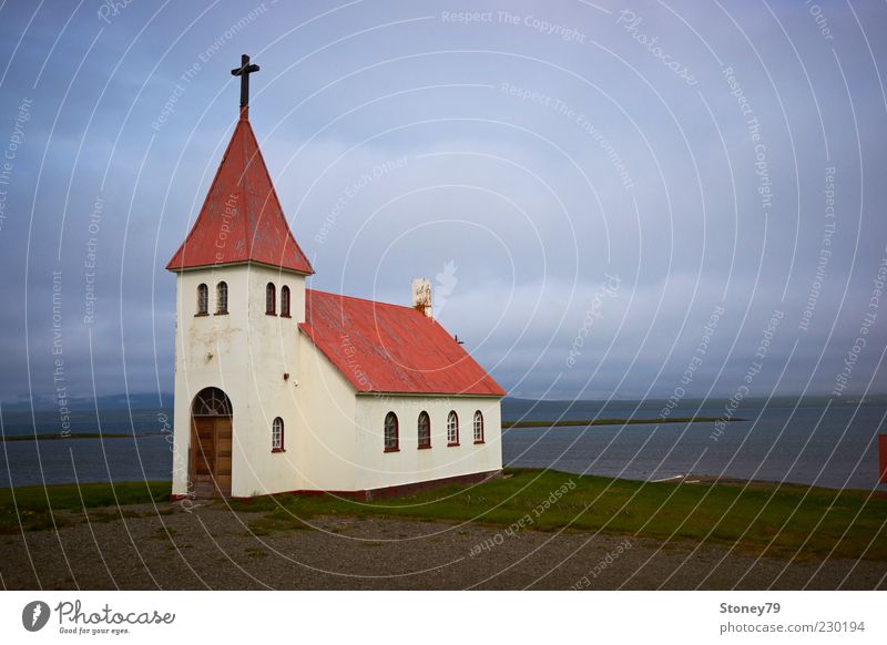 church Sky Clouds Bad weather Coast Fjord Deserted Church Crucifix Cold Gloomy Blue Gray Red White Calm Belief Loneliness Religion and faith Protection