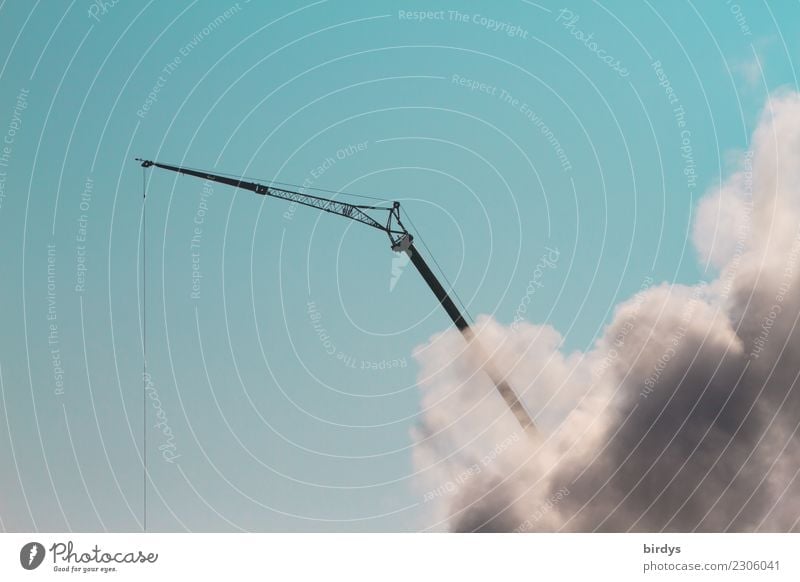 sustainable? Construction site Construction crane Sky Clouds Beautiful weather Work and employment Smoking Exceptional Threat Tall Blue Gray Black Determination