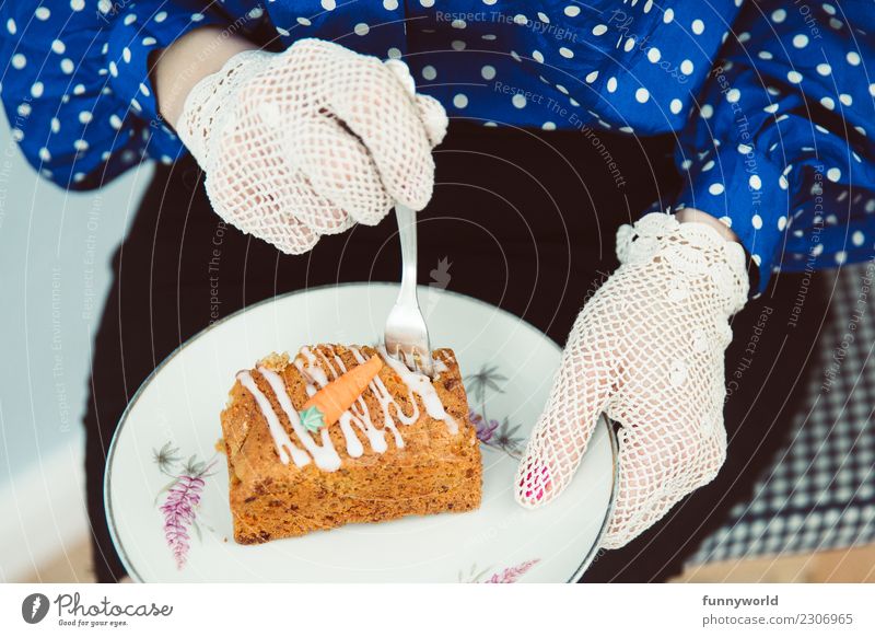 Even more carrot cake! Human being Feminine Woman Adults Hand 1 Eating Food Dough Baked goods Cake Carrot Skirt Blouse Lace Gloves Relaxation Delicious Break