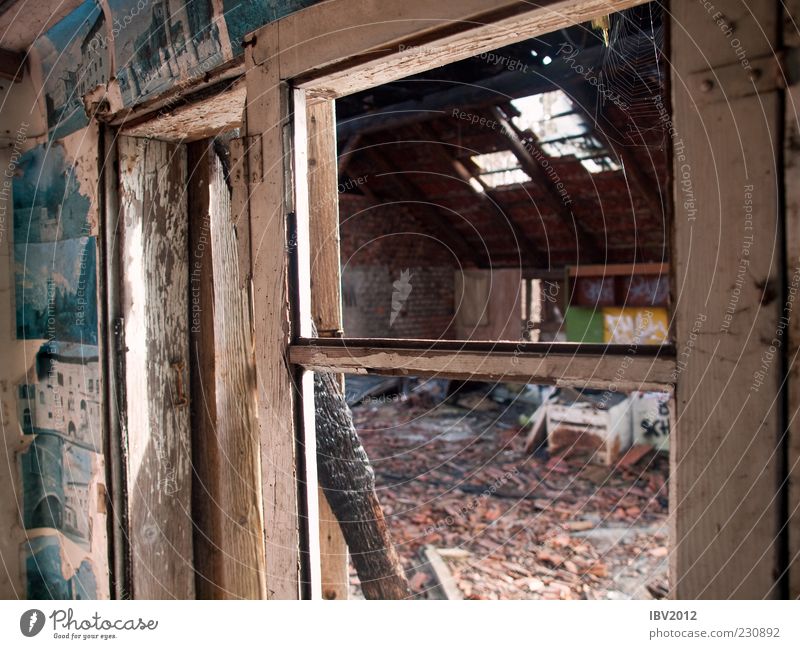 Room with a view House (Residential Structure) Hut Ruin Window Roof Old Poverty Cold Decline Derelict Image Shabby Danger of collapse Window frame Vantage point