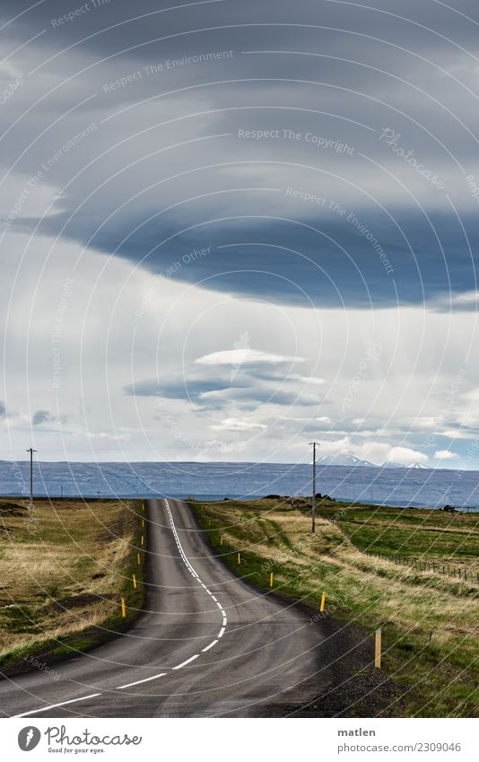 left bend Landscape Sky Clouds Spring Bad weather Wind Grass Meadow Mountain Snowcapped peak Road traffic Street Dark Infinity Blue Brown Gray Green White