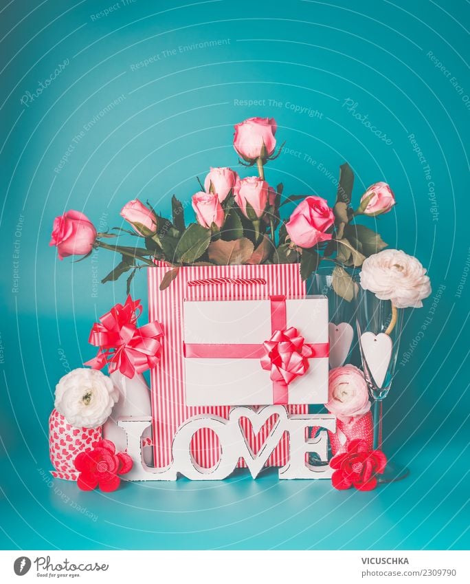 Valentine's Day still life Style Design Decoration Feasts & Celebrations Bouquet Sign Love Gift Rose Sparkling wine Composing Still Life Idea Creativity Heart