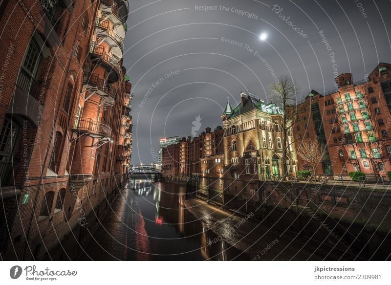 Speicherstadt Hamburg moated castle at night Europe Germany Old warehouse district World heritage Harbour Night Night shot Wide angle Clouds Dark Handrail