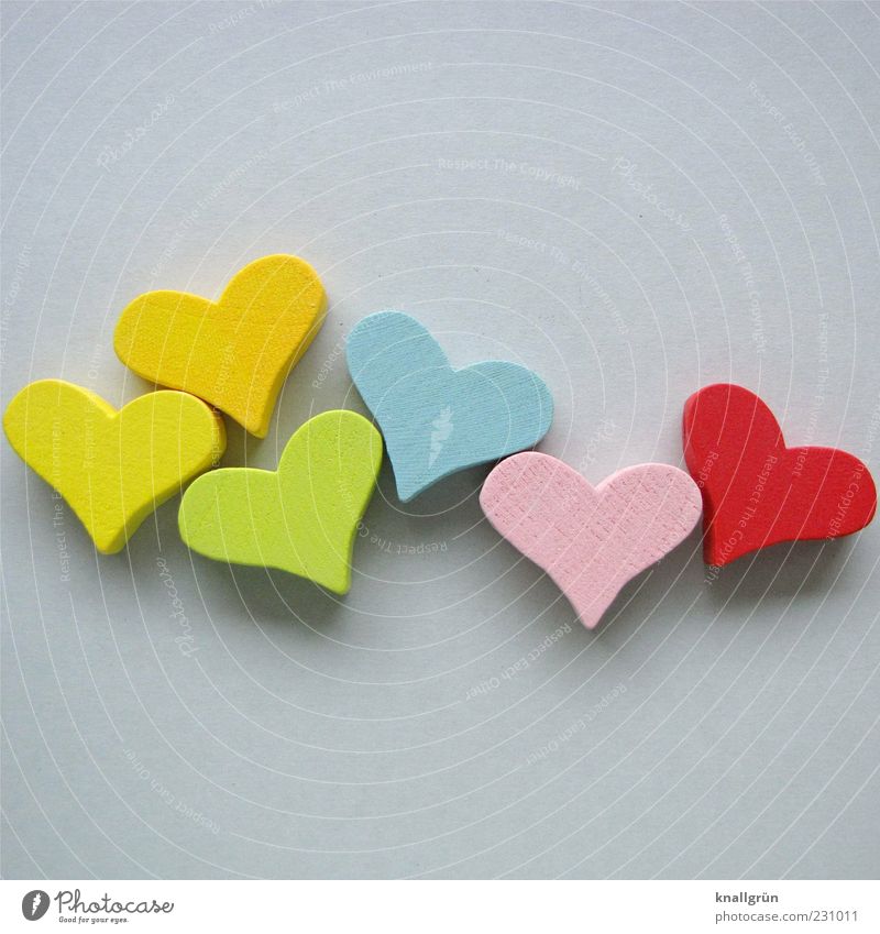 Multiple love Heart Blue Multicoloured Yellow Gray Green Pink Red Joy Happy Decoration Wood Colour photo Studio shot Deserted Copy Space top Copy Space bottom