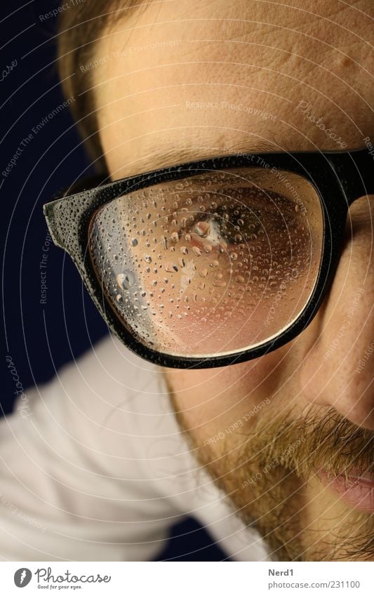 condensation water Eyeglasses Nerdy Facial hair Water Condensation Man Hair and hairstyles Portrait photograph Near Frontal Looking Eyes Young man Misted up