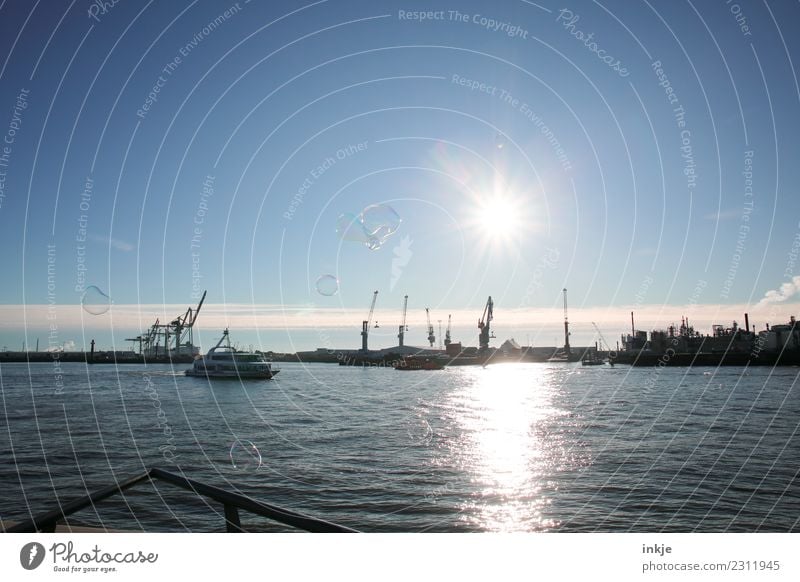 The port of Hamburg with soap bubbles against the light. Landscape Water Sky Sun Spring Summer Autumn Winter Beautiful weather Port City Deserted