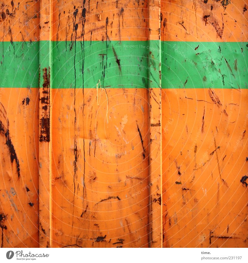 fruit orange lime green Container Metal Rust Stripe Broken Colour Metalware Scratch mark Tracks Bulge Containers and vessels Parallel Horizontal Vertical