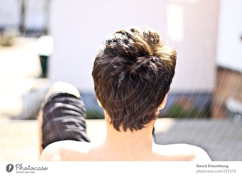 summer pose Human being Young man Youth (Young adults) Man Adults Skin Head Hair and hairstyles 1 Summer Sunbathing Back of the head Summery Summer's day Bright