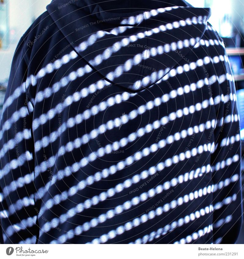 Striated by light 6 Man Adults Back Clothing Stand Wait Exceptional Blue White Striped sweater Point Streak of light Visual spectacle Light (Natural Phenomenon)