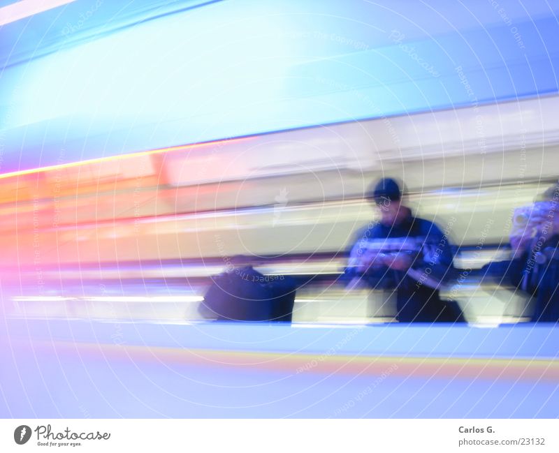 roller bridge Long exposure Highway Speed Escalator MUC Airport Blue Human being