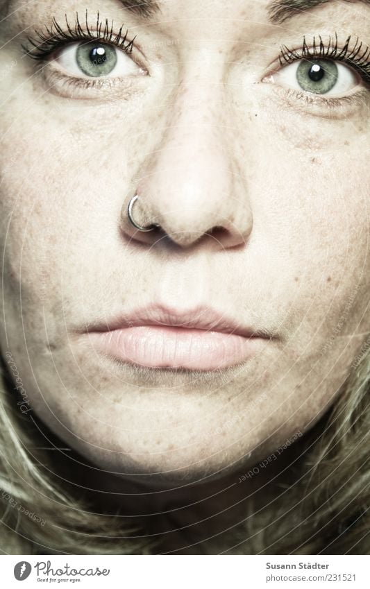 . Feminine Head Face Mouth Blonde Near Nasal piercing Piercing Freckles Colour photo Studio shot Close-up Artificial light Light (Natural Phenomenon)