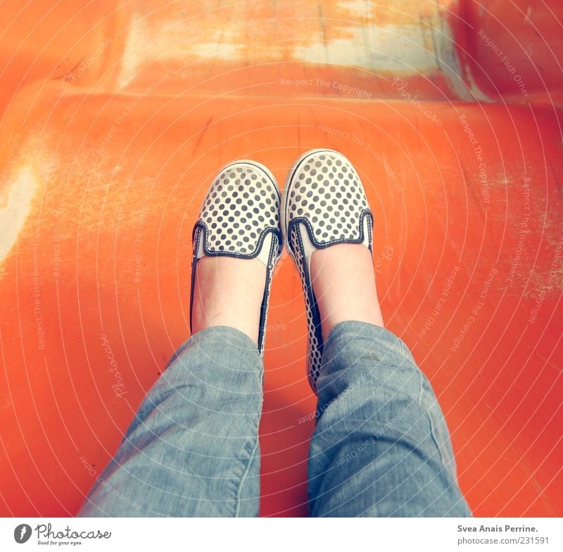 slide. Feminine Young woman Youth (Young adults) Legs Feet 1 Human being Jeans Footwear Playing Joie de vivre (Vitality) Slide Playground Ballerina Childlike