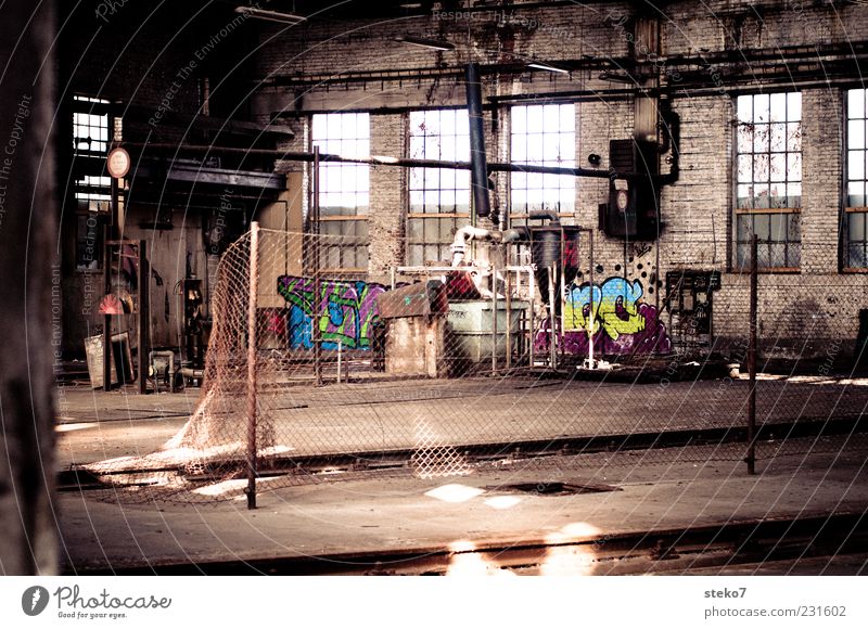 in-house Industrial plant Factory Trashy Multicoloured Decline Graffiti Past Hall Interior shot Deserted Sunlight