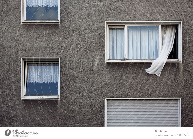 windswept Town House (Residential Structure) High-rise Building Wall (barrier) Wall (building) Facade Window Gray White Apartment house Curtain Roller blind