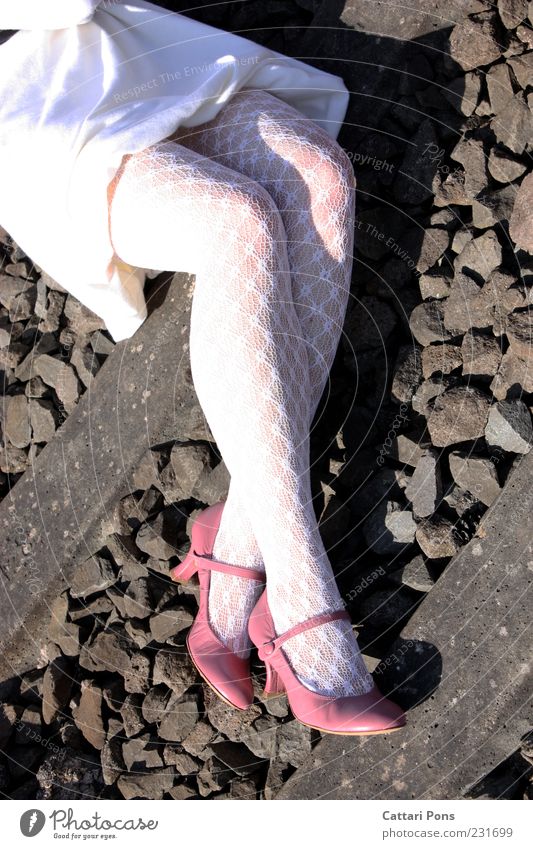 sub pink Human being Feminine Woman Adults Legs 1 Tights Footwear High heels Thin Pink White Sunlight Princess Stony Stone Railroad tracks Dress Lie Pattern