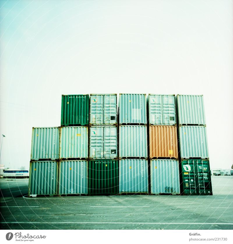 container stacks Deserted Metal Steel Sharp-edged Gigantic Blue Gray Green Logistics Container Stack Parking area Corrugated sheet iron Storage area