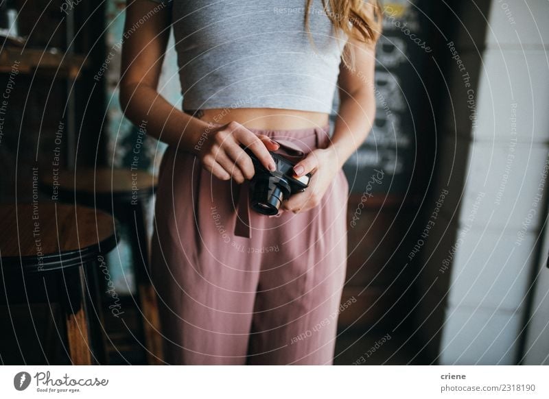 Closeup of woman holding vintage camera Lifestyle Happy Beautiful Camera Human being Woman Adults Fashion Smiling Fresh Natural Cute Retro vlog blogger young