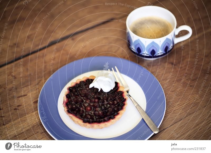 something sweet to go with coffee Food Cake Fruit flan Cream Nutrition Beverage Hot drink Coffee Plate Cup Fork Delicious Colour photo Interior shot Deserted