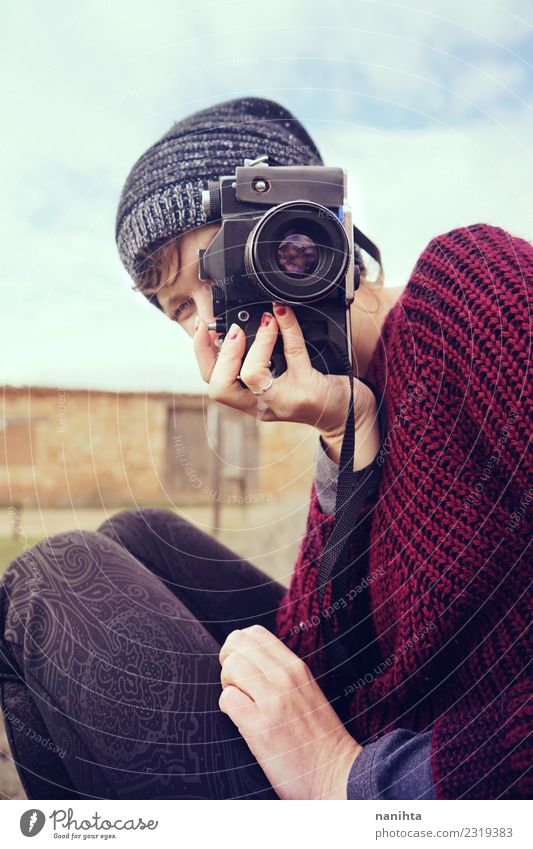 Young woman taking shots with her camera Lifestyle Style Design Leisure and hobbies Vacation & Travel Tourism Human being Feminine Androgynous