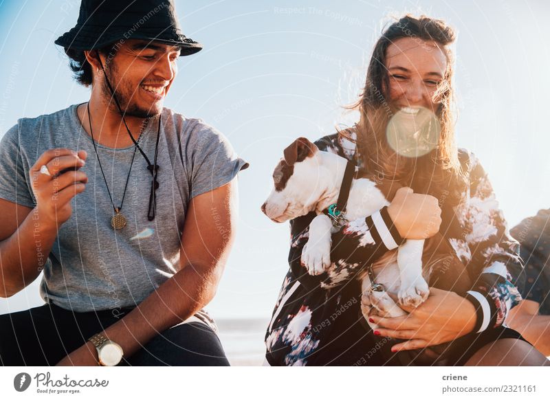 Happy young adult couple with cute puppy Joy Playing Summer Woman Adults Family & Relations Friendship Couple Animal Pet Dog Love Embrace Happiness Together