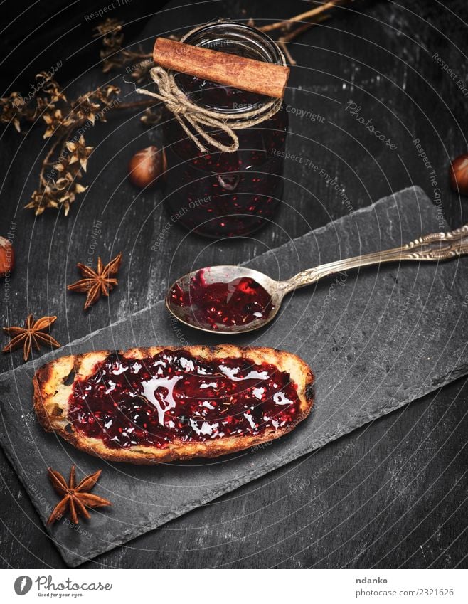white bread with raspberry jam Fruit Bread Dessert Candy Jam Nutrition Breakfast Lunch Spoon Table Nature Wood Eating Fresh Delicious Red Black Raspberry jar