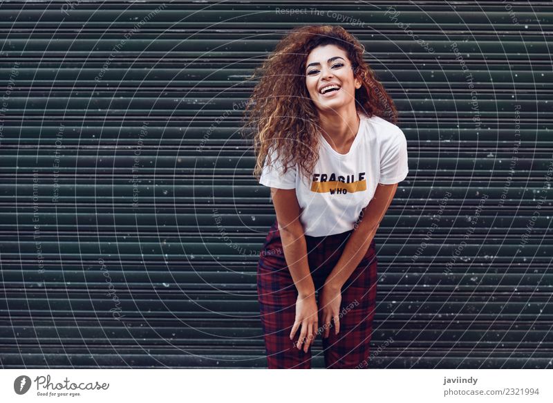 Happy young woman smiling on urban blinds Lifestyle Style Joy Beautiful Hair and hairstyles Face Human being Young woman Youth (Young adults) Woman Adults 1